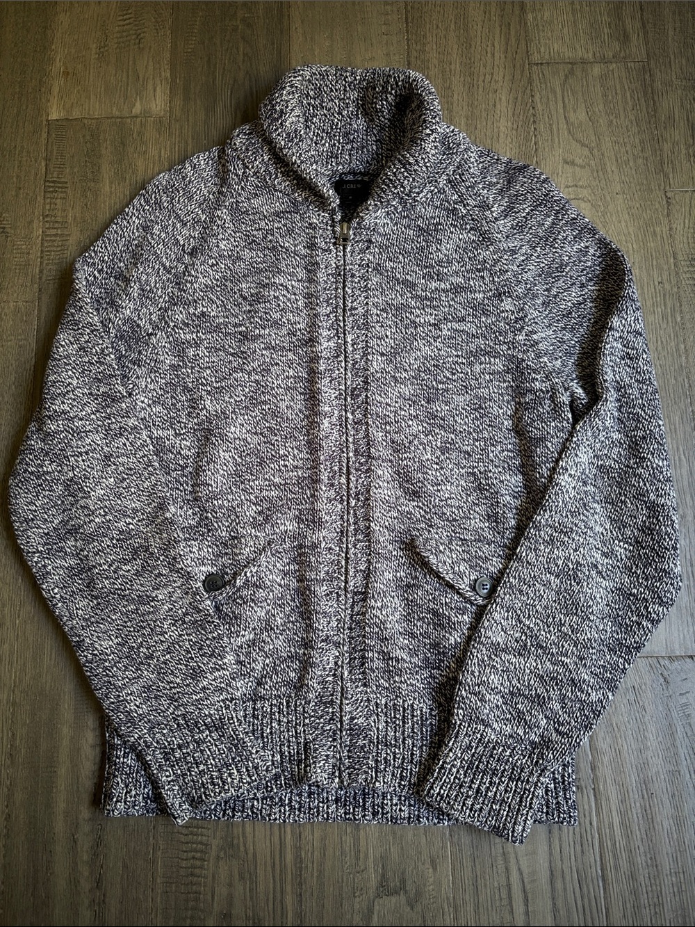 J. Crew |100% Cotton Marled Gray Black Chunky Full-Zip Collar Sweater Small